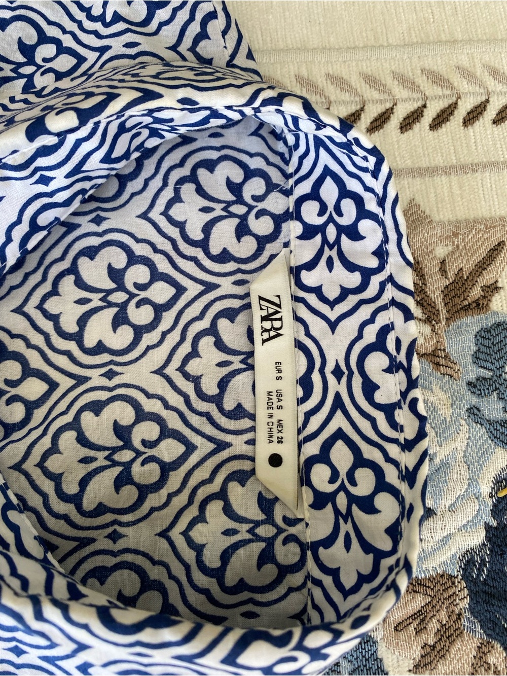 ZARA Blue and White Geometric Tile Print Mini Dress with Rope Belt - Size S - Picture 4 of 8